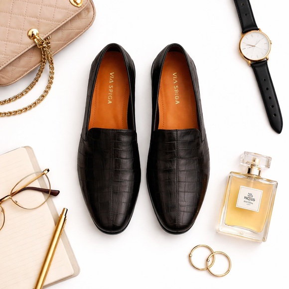 Via Spiga Black Croc Embossed Leather Loafers – Women US 6.5 / EU 36.5 / UK 3.5 - Picture 2 of 11